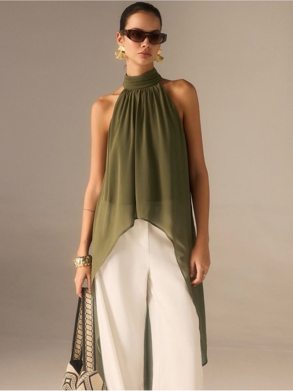 Commense Olive Halter Neck Chiffon Long Top